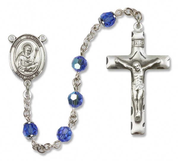 St. Benedict Sterling Silver Heirloom Rosary Squared Crucifix - Sapphire