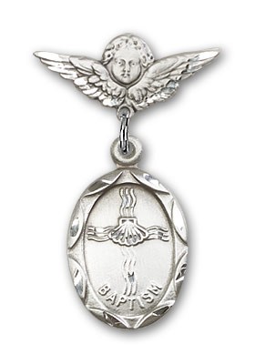 Baby Pin with Baptism Charm and Angel with Smaller Wings Badge Pin - Silver tone