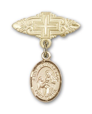 Pin Badge with St. John of God Charm and Badge Pin with Cross - 14K Solid Gold