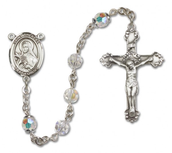 St. Theresa Sterling Silver Heirloom Rosary Fancy Crucifix - Crystal
