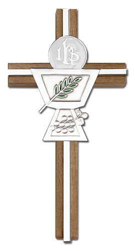 First Communion Chalice and Holy Host Wall Cross in Walnut Wood and Metal Inlay - 6 inch - Silver tone