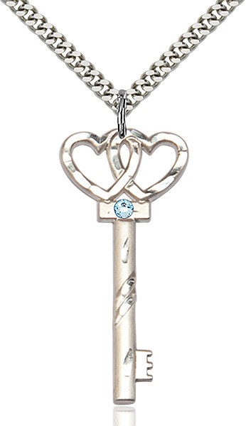 Larger Double Hearts Key Pendant with Birthstone - Aqua