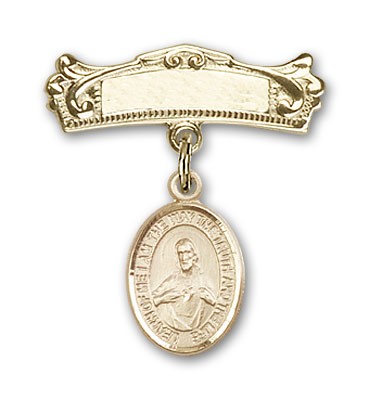 Pin Badge with Scapular Charm and Arched Polished Engravable Badge Pin - 14K Solid Gold
