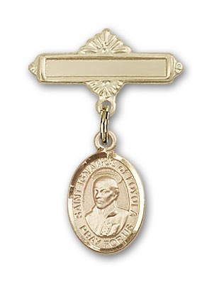 Pin Badge with St. Ignatius Charm and Polished Engravable Badge Pin - Gold Tone