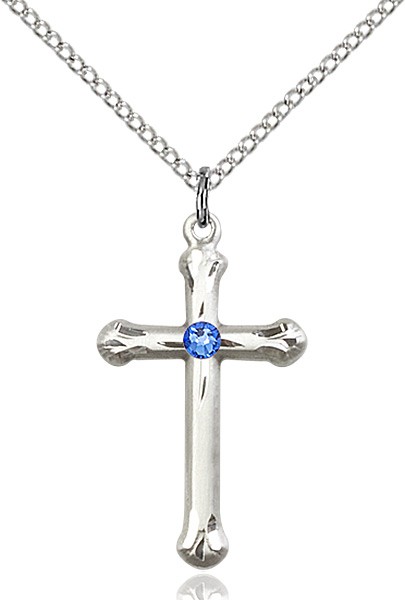 Teardrop Edge Cross Pendant with Birthstone Options - Sapphire