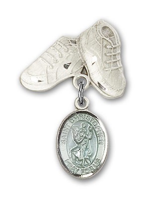 Pin Badge with St. Christopher Charm and Baby Boots Pin - Silver | Blue