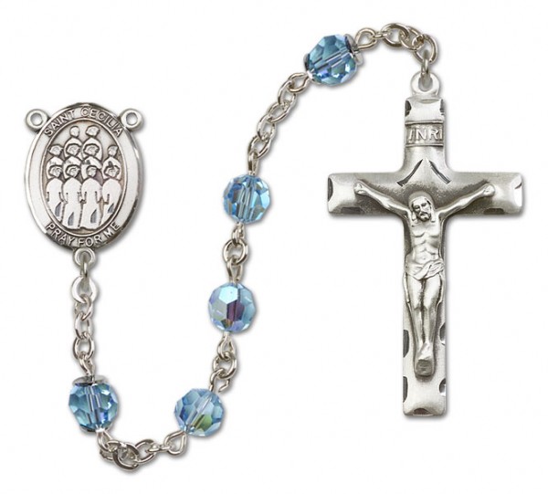 St. Cecilia with Choir Sterling Silver Heirloom Rosary Squared Crucifix - Aqua