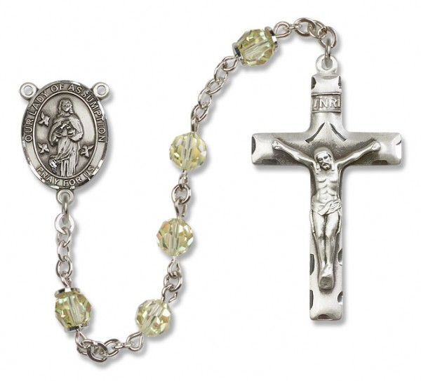 Our Lady of Assumption Sterling Silver Heirloom Rosary Squared Crucifix - Zircon
