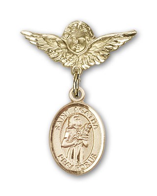 Pin Badge with St. Agatha Charm and Angel with Smaller Wings Badge Pin - Gold Tone