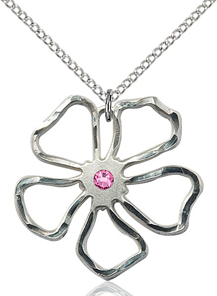 Five Petal Flower Pendant with Birthstone Center - Rose
