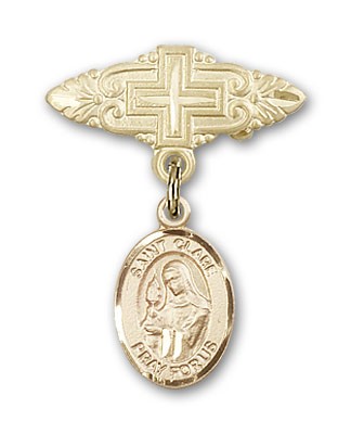 Pin Badge with St. Clare of Assisi Charm and Badge Pin with Cross - 14K Solid Gold