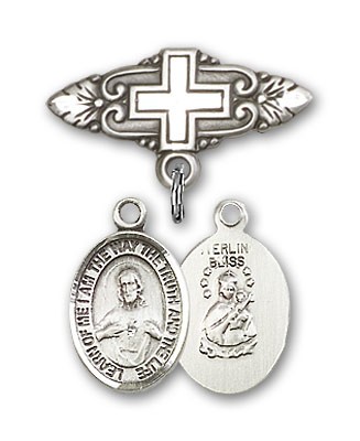 Pin Badge with Scapular Charm and Badge Pin with Cross - Silver tone