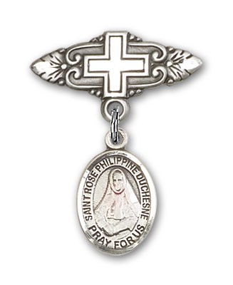 Pin Badge with St. Rose Philippine Charm and Badge Pin with Cross - Silver tone