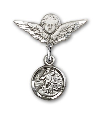 Baby Pin with Guardian Angel Charm and Angel with Smaller Wings Badge Pin - Silver tone