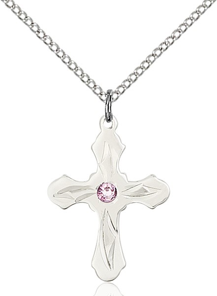 Youth Cross Pendant with Pointed Etching Birthstone Options - Light Amethyst