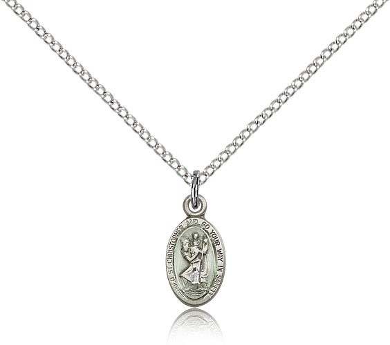 Charm Size Blue Enamel Center St. Christopher Necklace - Sterling Silver | Blue Enamel
