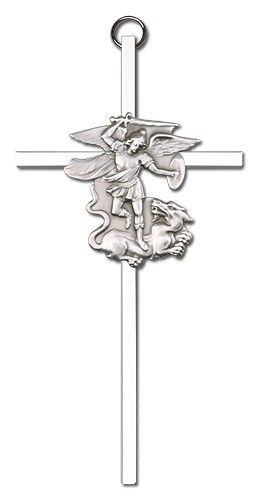 St. Michael Wall Cross 6&quot; - Silver tone