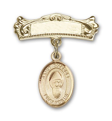 Pin Badge with St. Sharbel Charm and Arched Polished Engravable Badge Pin - Gold Tone