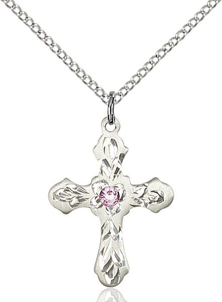 Medium Floral and Petal Cross Pendant with Birthstone Options - Light Amethyst