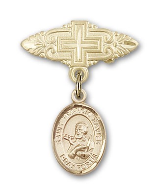 Pin Badge with St. Francis Xavier Charm and Badge Pin with Cross - 14K Solid Gold