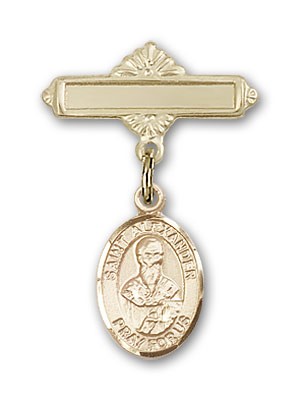 Pin Badge with St. Alexander Sauli Charm and Polished Engravable Badge Pin - 14K Solid Gold