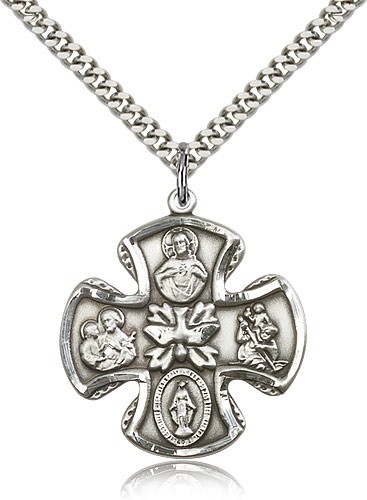 5-Way Pendant with Thick Edges and Descending Dove - Sterling Silver