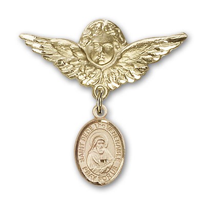Pin Badge with St. Bede the Venerable Charm and Angel with Larger Wings Badge Pin - 14K Solid Gold