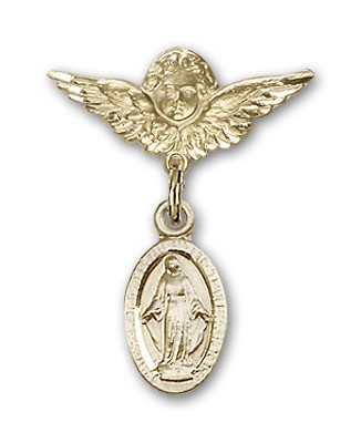 Pin Badge with Blue Miraculous Charm and Angel with Smaller Wings Badge Pin - 14K Solid Gold