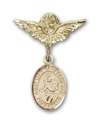 Pin Badge with St. Lidwina of Schiedam Charm and Angel with Smaller Wings Badge Pin - Gold Tone