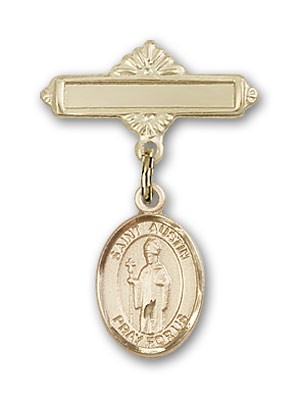 Pin Badge with St. Austin Charm and Polished Engravable Badge Pin - Gold Tone