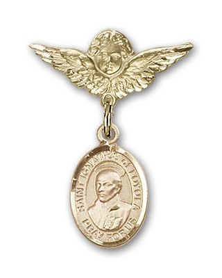 Pin Badge with St. Ignatius Charm and Angel with Smaller Wings Badge Pin - Gold Tone
