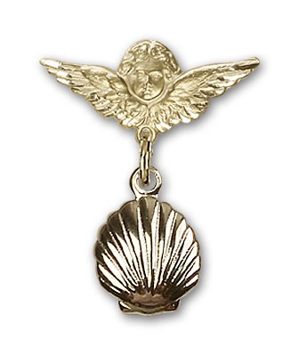 Baby Pin with Shell Charm and Angel with Smaller Wings Badge Pin - 14K Solid Gold