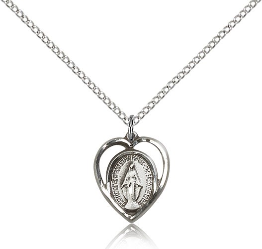 Heart Shape Open-Cut Miraculous Medal Necklace - Sterling Silver