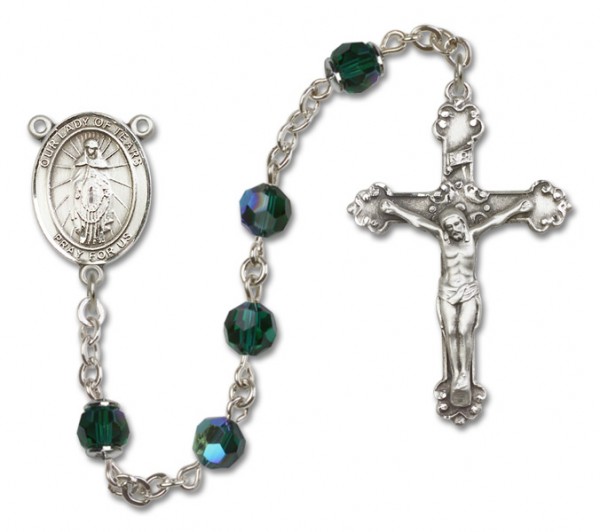 Our Lady of Tears Sterling Silver Heirloom Rosary Fancy Crucifix - Emerald Green