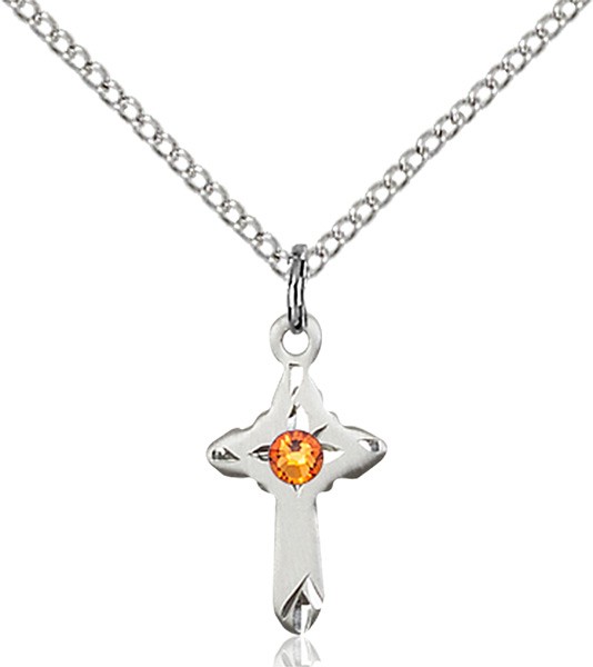 Child's Pointed Edge Cross Pendant with Birthstone Options - Topaz