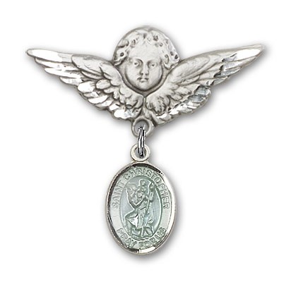 Pin Badge with St. Christopher Charm and Angel with Larger Wings Badge Pin - Silver | Blue