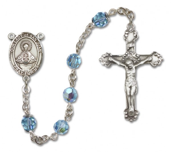 Our Lady of San Juan Sterling Silver Heirloom Rosary Fancy Crucifix - Aqua
