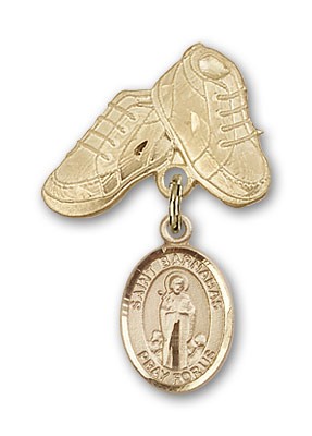 Pin Badge with St. Barnabas Charm and Baby Boots Pin - 14K Solid Gold