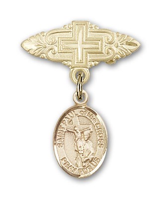 Pin Badge with St. Paul of the Cross Charm and Badge Pin with Cross - 14K Solid Gold