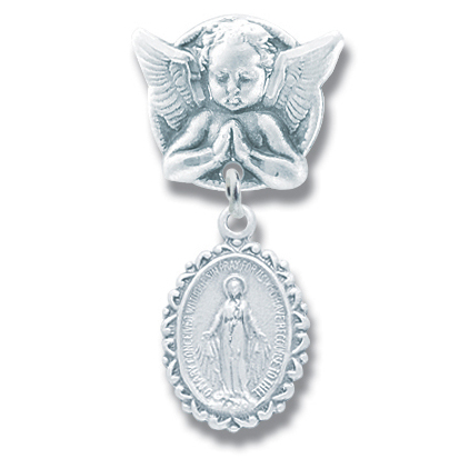 Baby Pin Guardian Angel and Miraculous Medal Sterling Silver - Sterling Silver