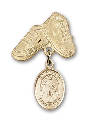 Pin Badge with St. Ann Charm and Baby Boots Pin - 14K Solid Gold