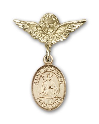Pin Badge with St. Walburga Charm and Angel with Smaller Wings Badge Pin - Gold Tone