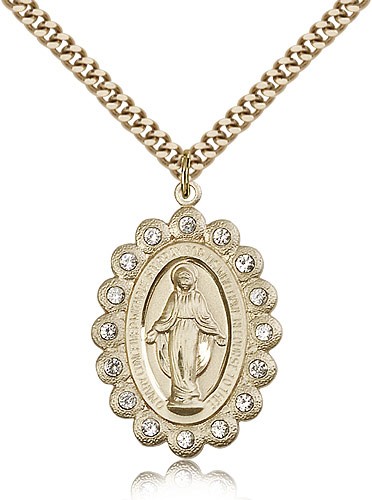 Miraculous Medal Necklace with Clear Swarovski Crystals - 14KT Gold Filled