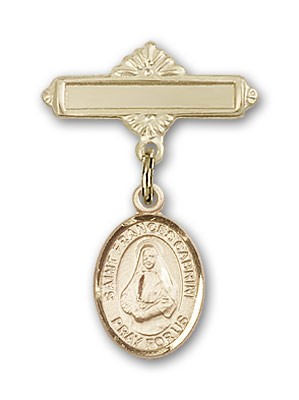 Pin Badge with St. Frances Cabrini Charm and Polished Engravable Badge Pin - 14K Solid Gold