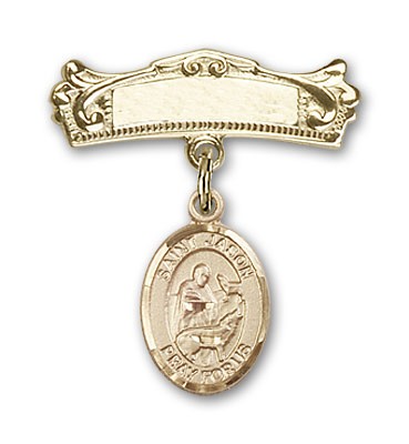 Pin Badge with St. Jason Charm and Arched Polished Engravable Badge Pin - Gold Tone