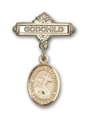 Pin Badge with St. Bernard of Clairvaux Charm and Godchild Badge Pin - 14K Solid Gold