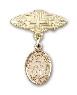 Pin Badge with St. Basil the Great Charm and Badge Pin with Cross - Gold Tone