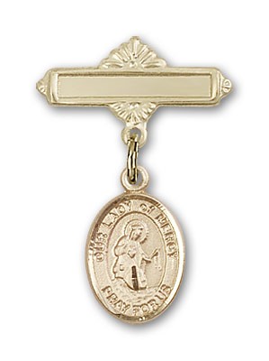 Pin Badge with Our Lady of Mercy Charm and Polished Engravable Badge Pin - Gold Tone