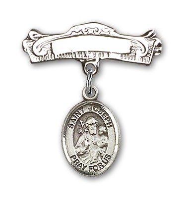 Pin Badge with St. Joseph Charm and Arched Polished Engravable Badge Pin - Silver tone
