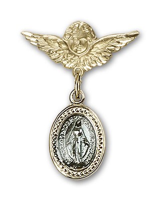 Baby Pin with Blue Miraculous Charm and Angel with Smaller Wings Badge Pin - Gold Plated